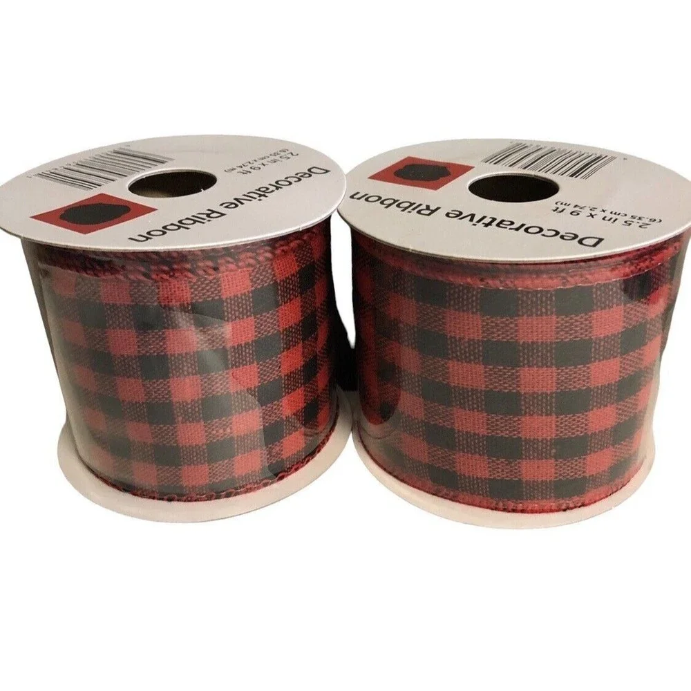 Red Black Buffalo Plaid Ribbon -2.5 in x 9 Ft , Wired Edge, Lot Of 2 PCs - Picture 3 of 5